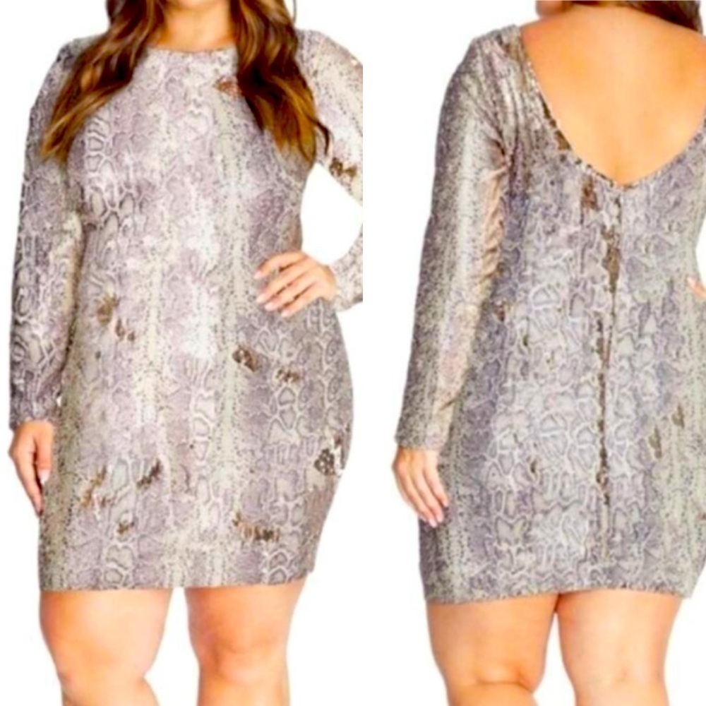 Dress The Population Lola Dress Python Snake Print All Sequins Long Sleeve SZ 1X